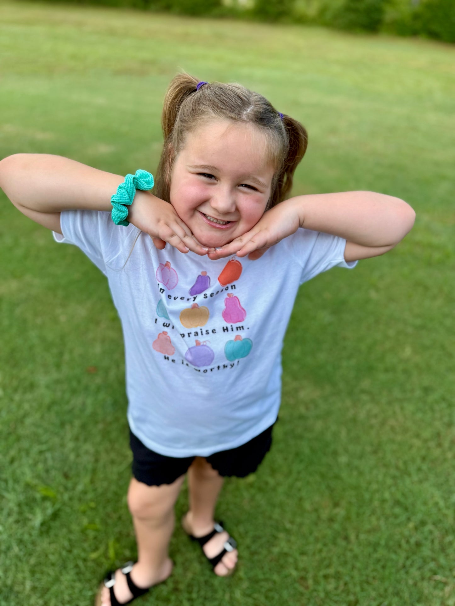 In Every Season I Will Praise Him | Kids Fall Graphic Tee | Christian Shirt with Pumpkins | Faith-Based Autumn Apparel - YOUTH