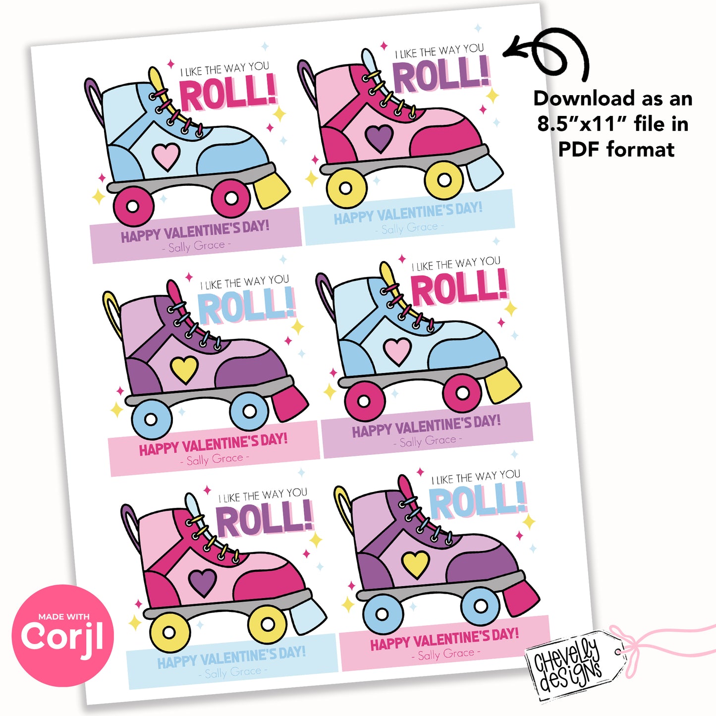 Editable, Printable Roller Skate Valentine Cards for Class Party, I Like the Way You Roll