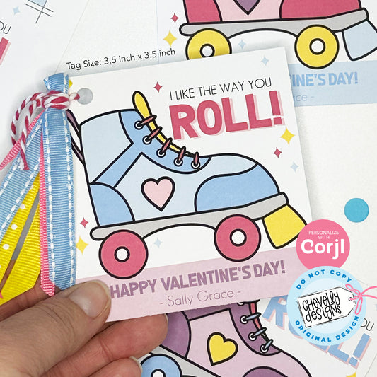 Editable, Printable Roller Skate Valentine Cards for Class Party, I Like the Way You Roll