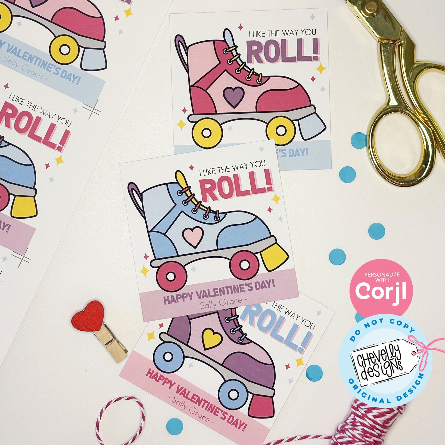 Editable, Printable Roller Skate Valentine Cards for Class Party, I Like the Way You Roll