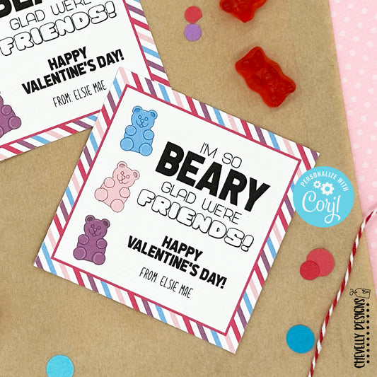 EDITABLE - I'm so Beary Glad We're Friends - Printable Class Valentine's Day Cards - Digital File