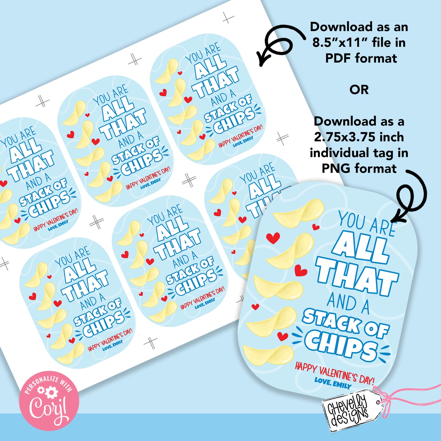 EDITABLE - You are all that and a stack of chips - Student Valentine Cards - Printable Digital File