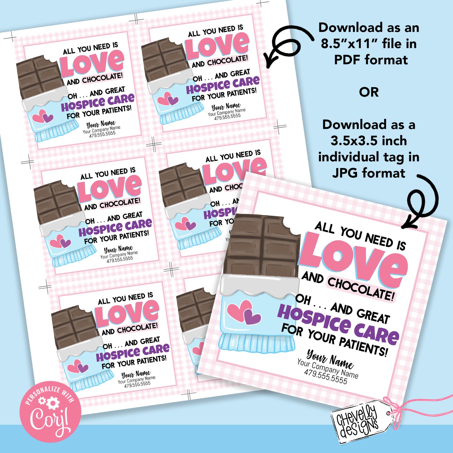 EDITABLE - All you need is love and chocolate - Healthcare Referral Marketing Gift Tag - Printable Digital File