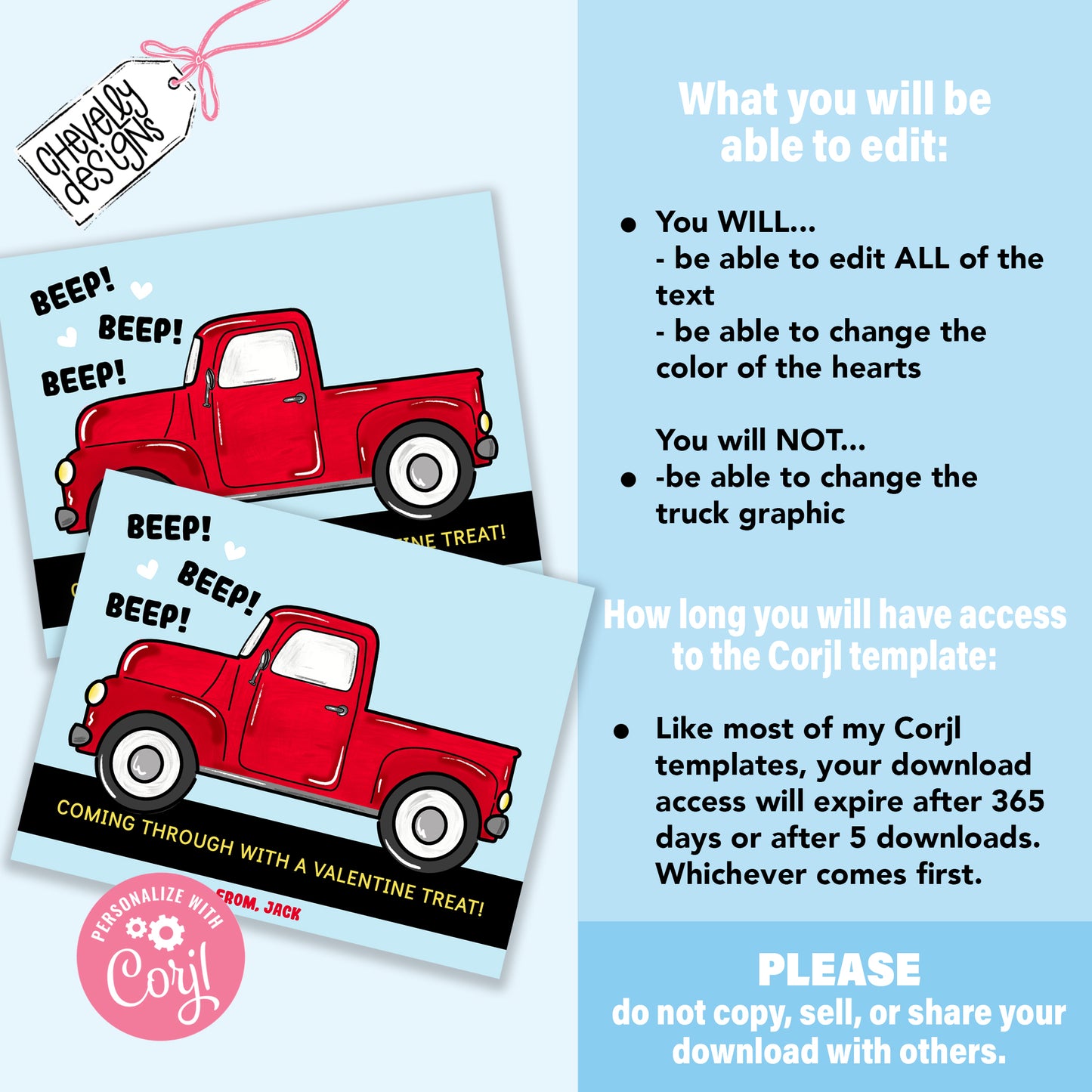 EDITABLE - Beep Beep Red Truck Sucker Valentine - Student Valentine Cards - Printable Digital File
