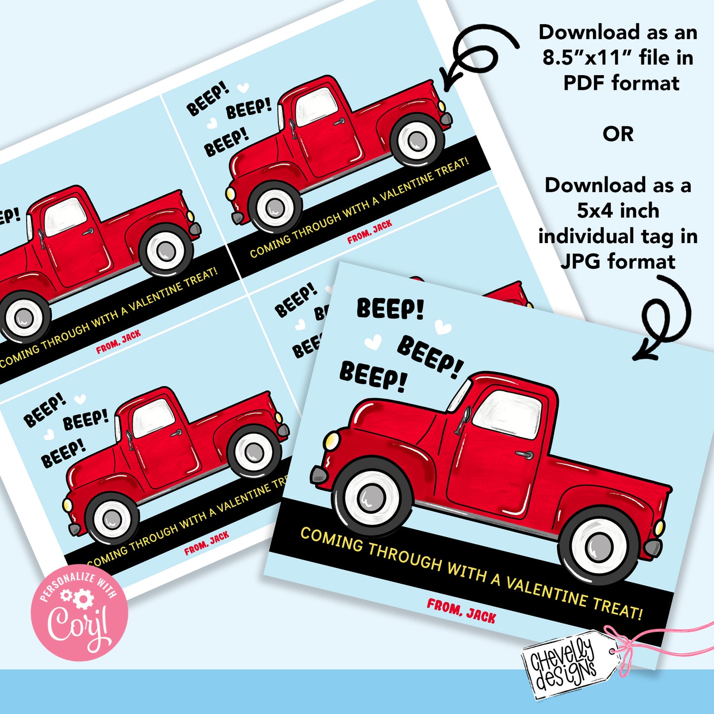 EDITABLE - Beep Beep Red Truck Sucker Valentine - Student Valentine Cards - Printable Digital File
