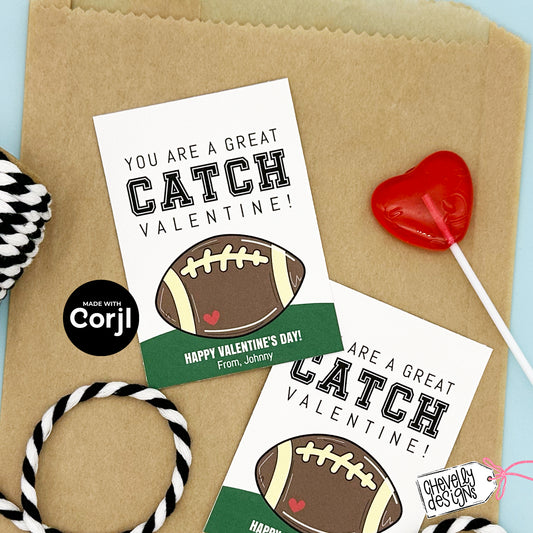 EDITABLE - You are a Great Catch Valentine - Football, Sports, Student Class Party Cards - Printable Digital File