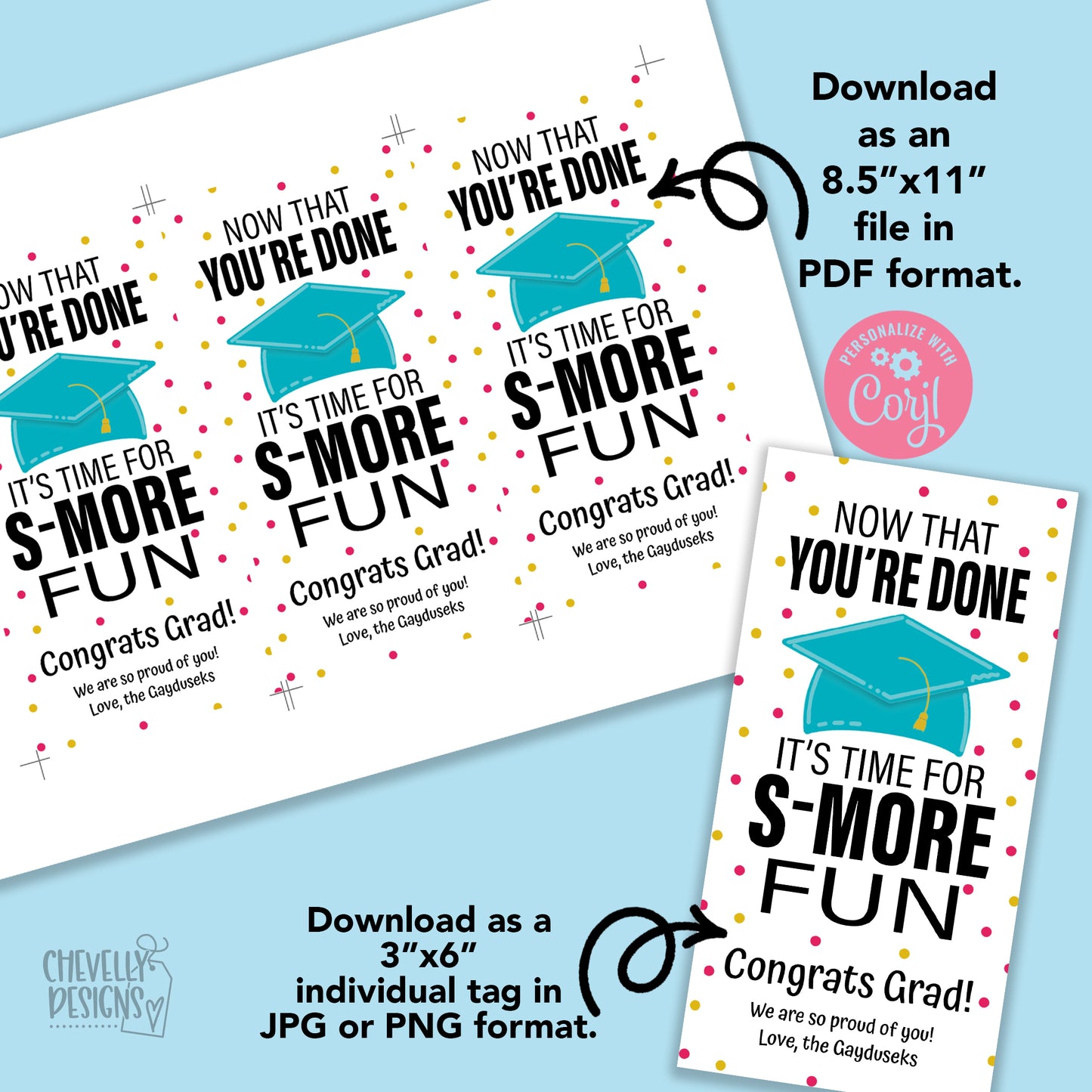 Editable -  Time for S'more Fun - Graduation - End of School Student Gift Tags - Printable Digital File