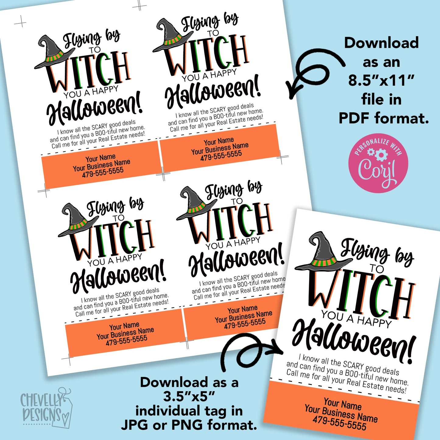 EDITABLE - Flying By To Witch You a Happy Halloween - Real Estate Pop By Gift Tags - Printable Digital File