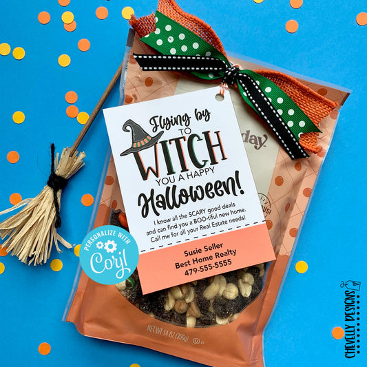 EDITABLE - Flying By To Witch You a Happy Halloween - Real Estate Pop By Gift Tags - Printable Digital File