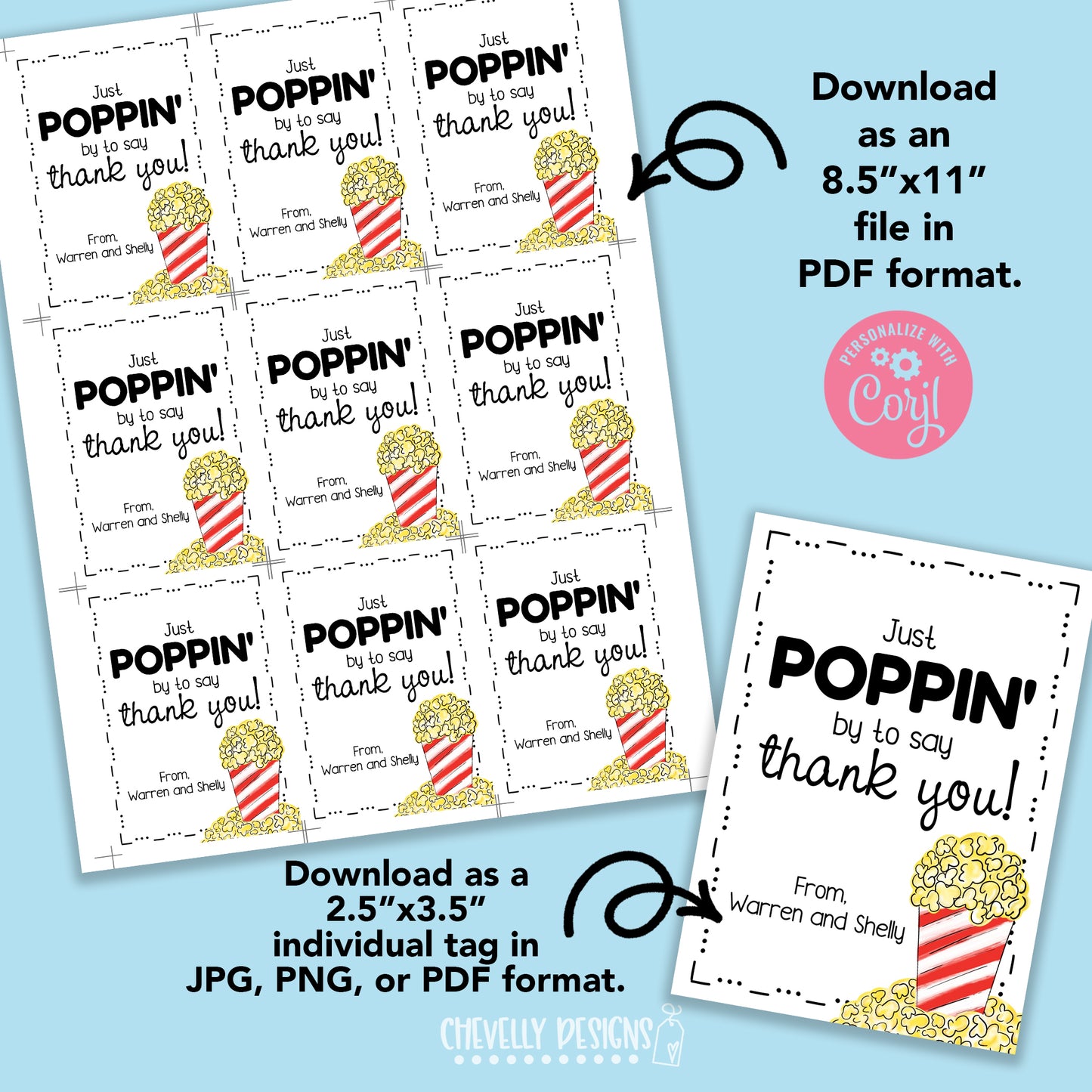 EDITABLE - Just POPPIN by to say Thank You - Popcorn Gift Tags - Printable - digital file - HT008a