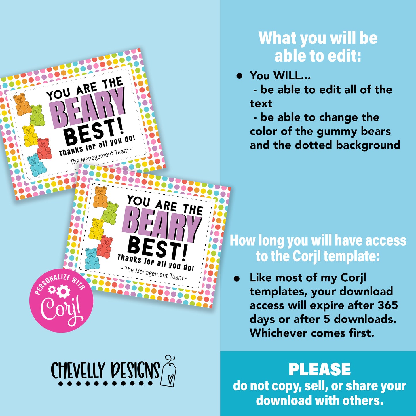 EDITABLE -  You Are The Beary Best - Printable Appreciation Gift Tags - Printable Digital File
