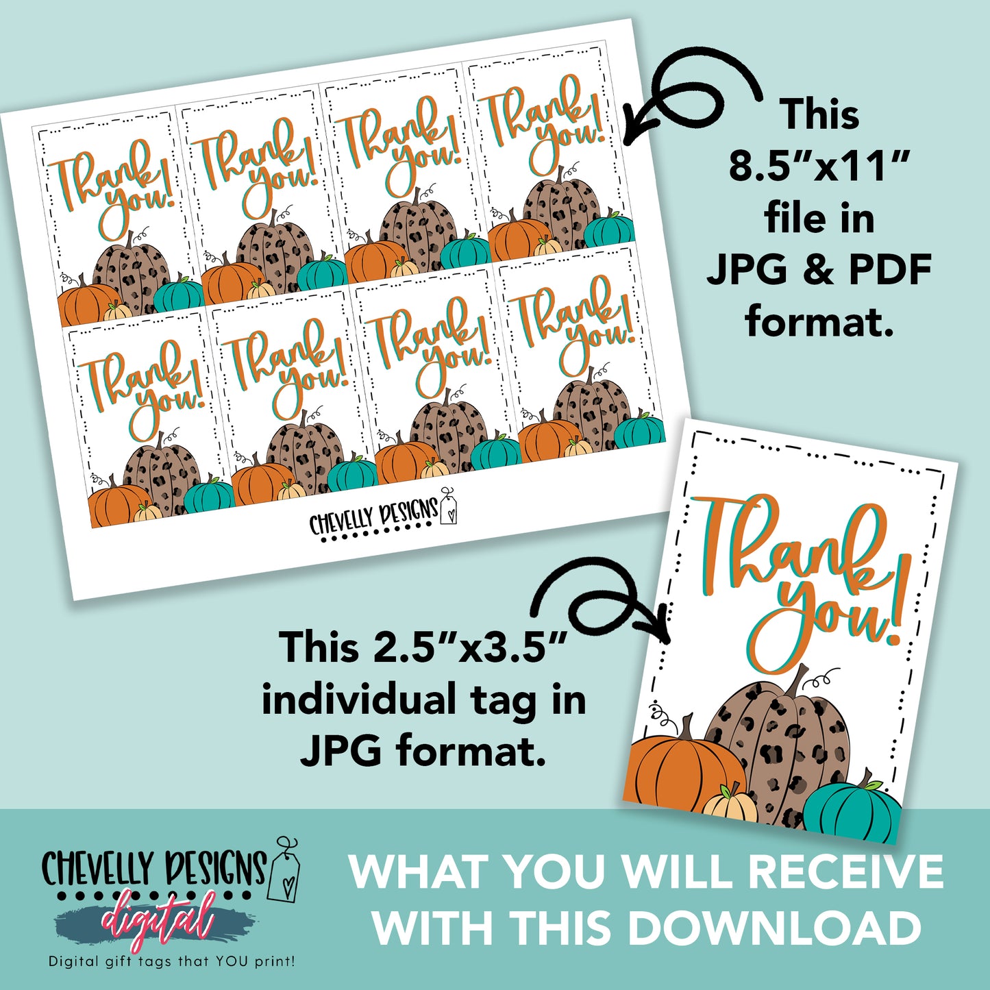Printable Fall Thank You Gift Tags - Leopard Pumpkin - DIGITAL FILE