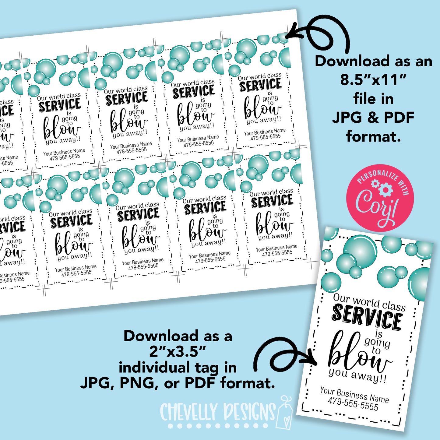 Editable - Service Will Blow You Away - Business Referral Gift Tags for Bubbles - Printable Digital File