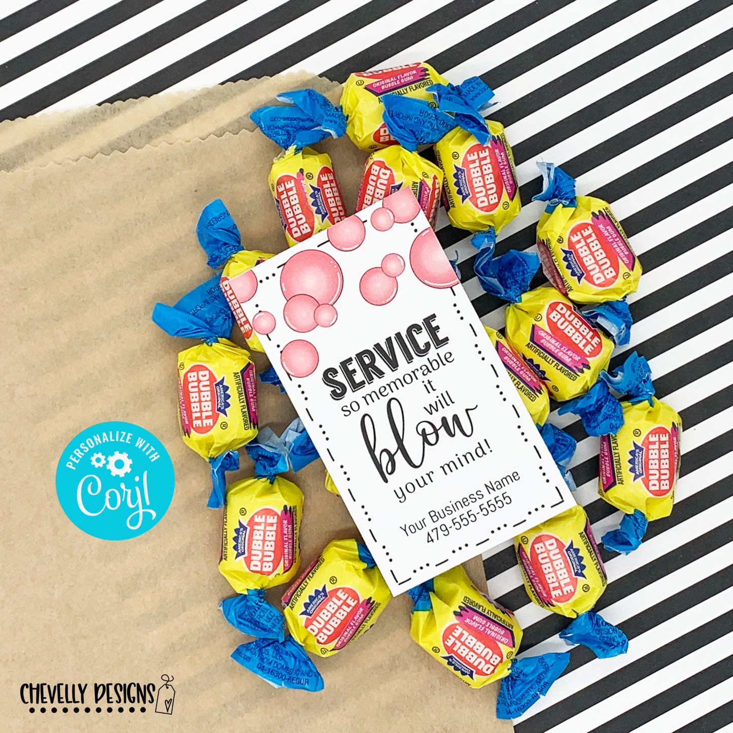 Editable - Service Will Blow Your Mind - Bubble Gum Business Referral Gift Tags - Printable Digital File
