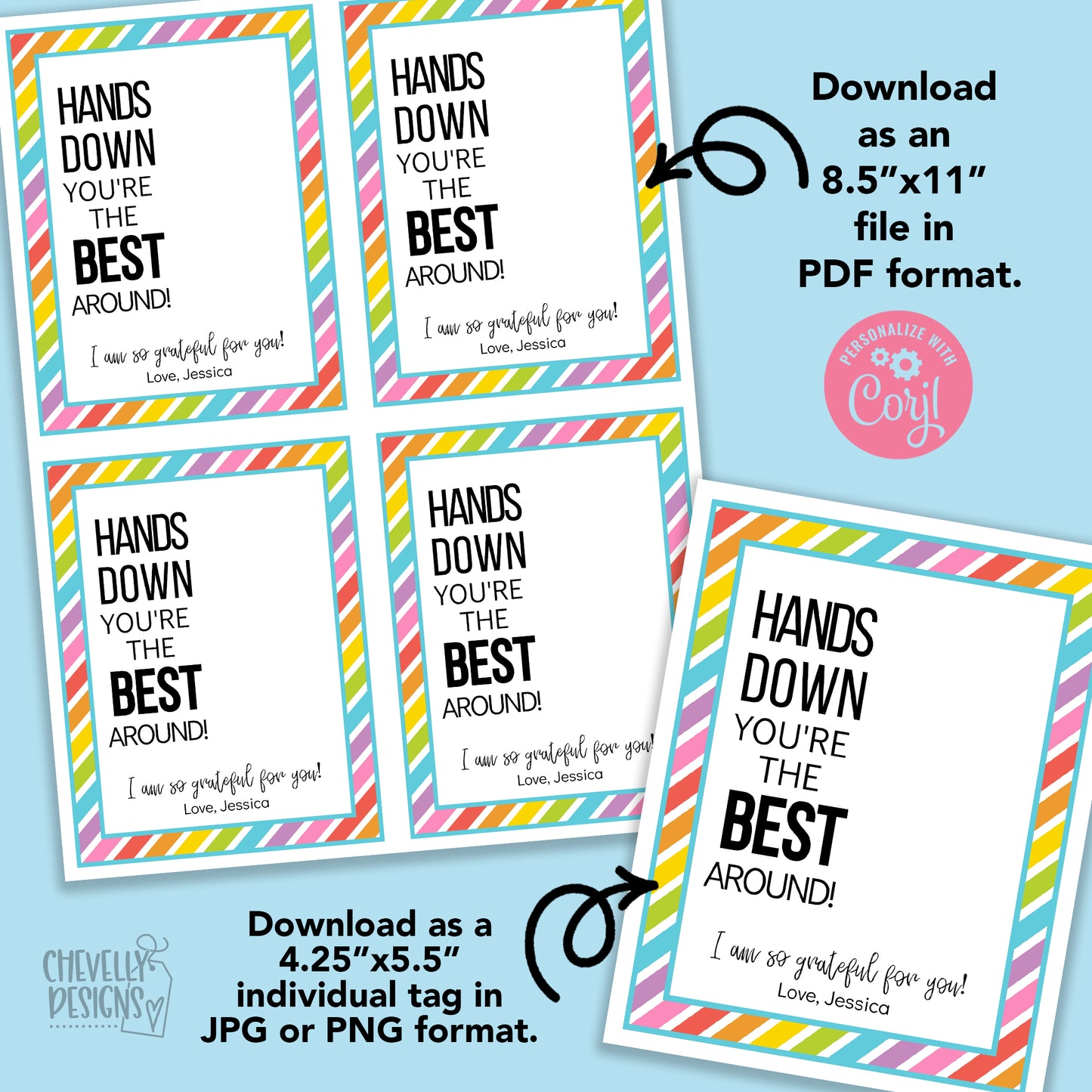 Editable - Hands Down You're the Best Around - Hand Sanitizer Gift Tags - Printable File