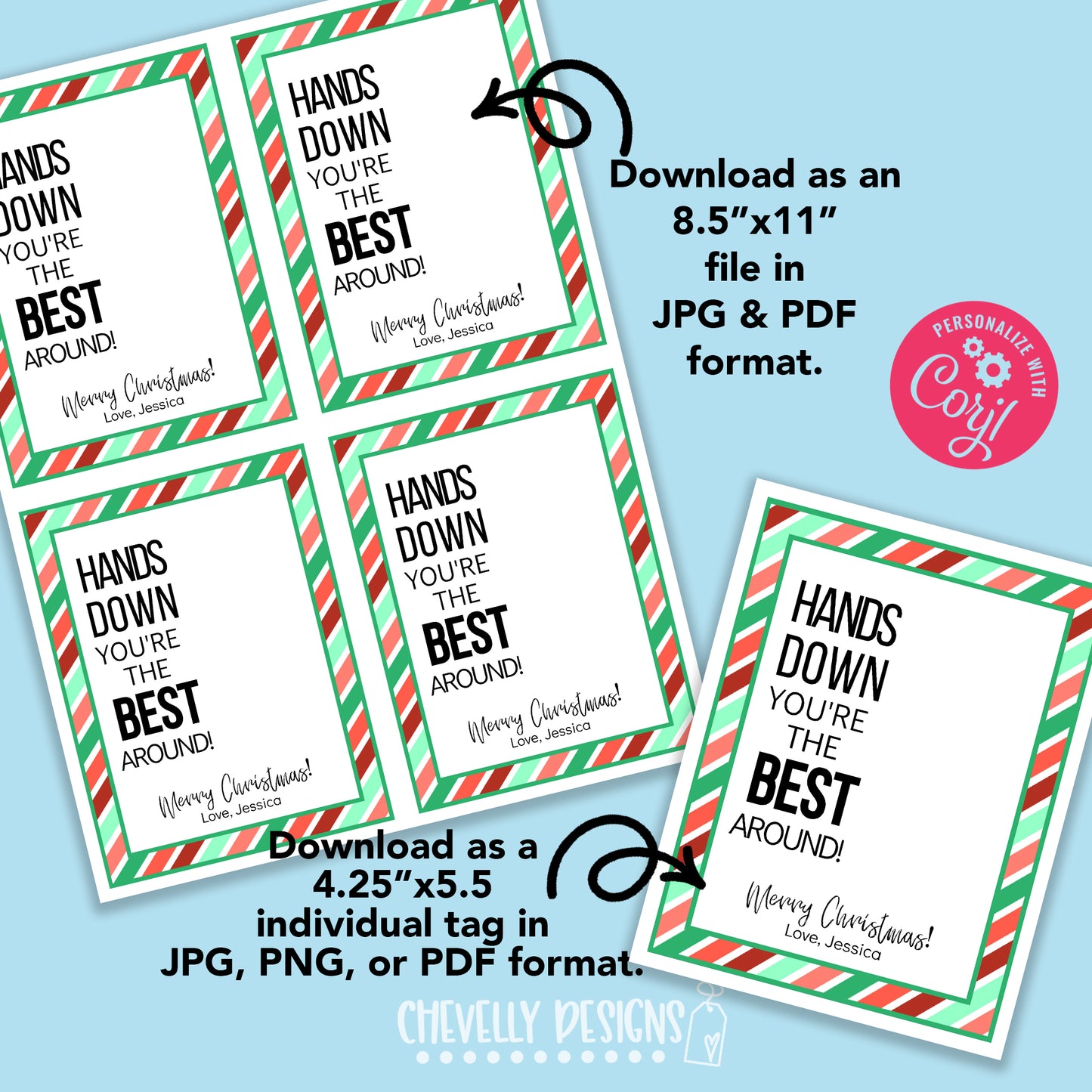 Editable Digital File - Hands Down You're the Best Around! - Hand Sanitizer Christmas Gift Tags