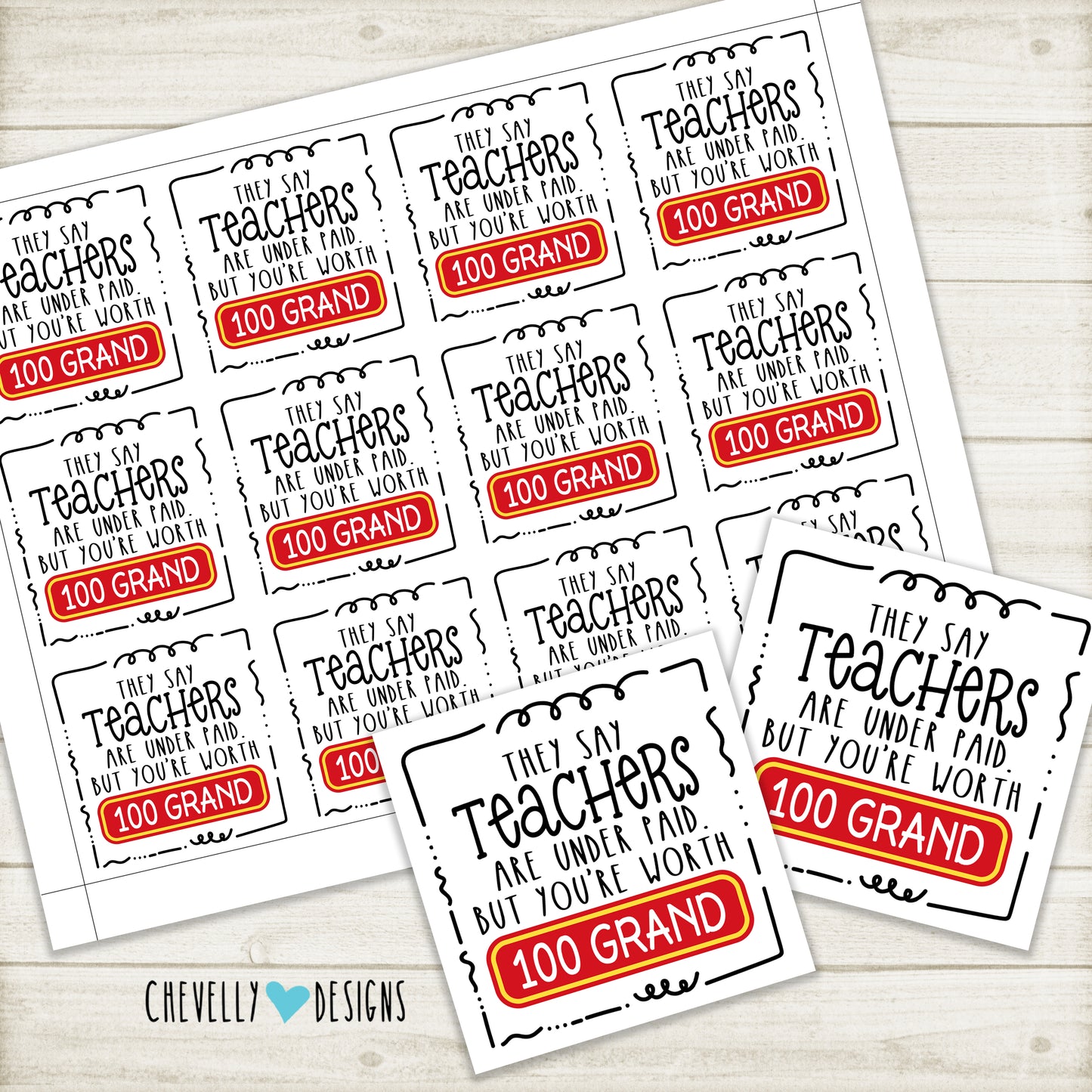 Teacher Appreciation Gift Tags for 100 Grand Candy Bars | Instant Digital Download