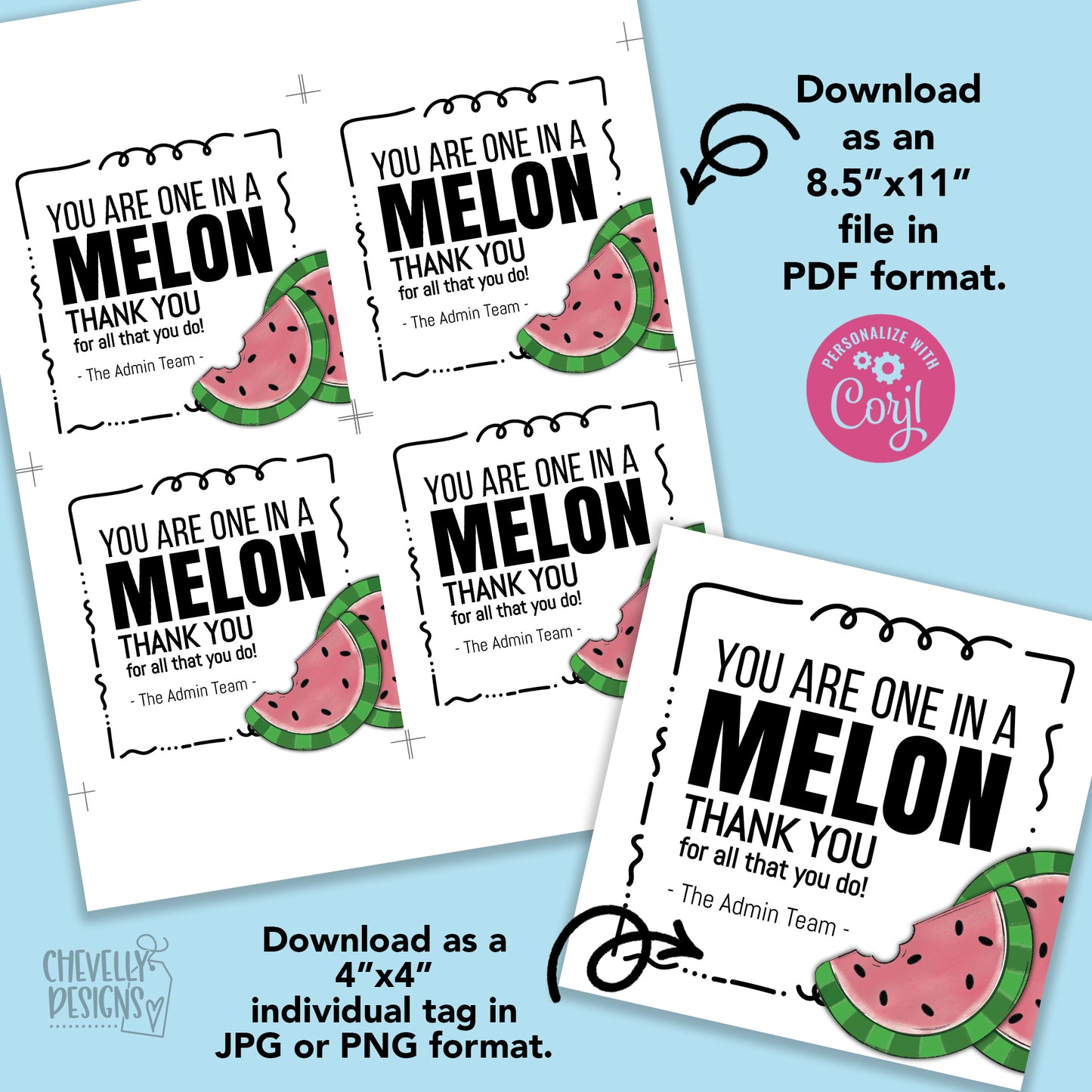 Editable -  Your are One in a Melon - Watermelon Appreciation Gift Tags - Printable Digital File