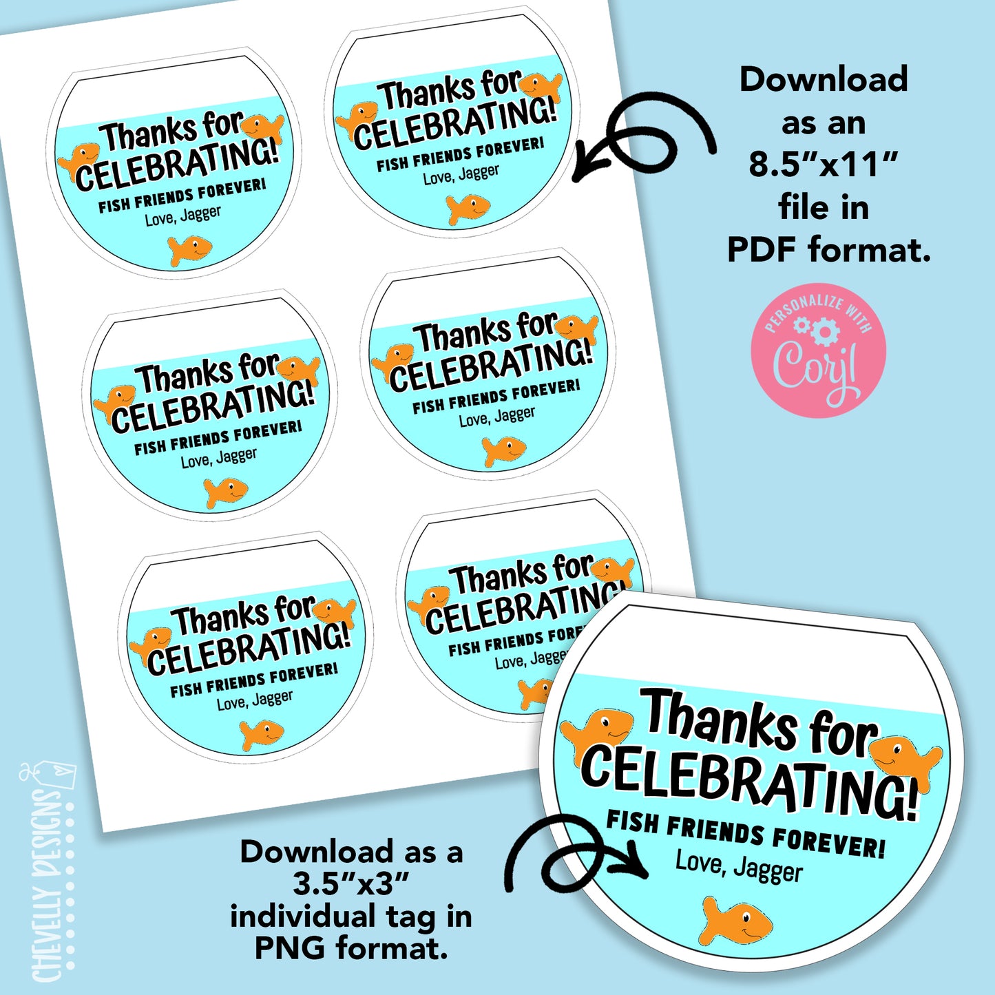 EDITABLE - Goldfish Fishbowl Party Favor Gift Tags - Printable Digital File