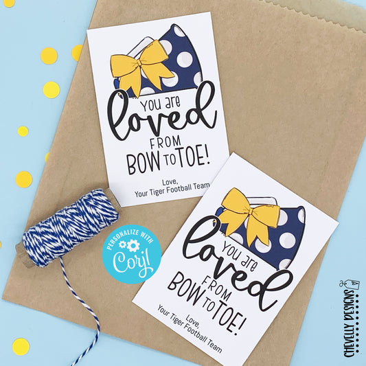 EDITABLE - Gift Tags for Cheerleaders - Yellow Gold and Navy Blue Cheer Bow Megaphone - Printable Digital File