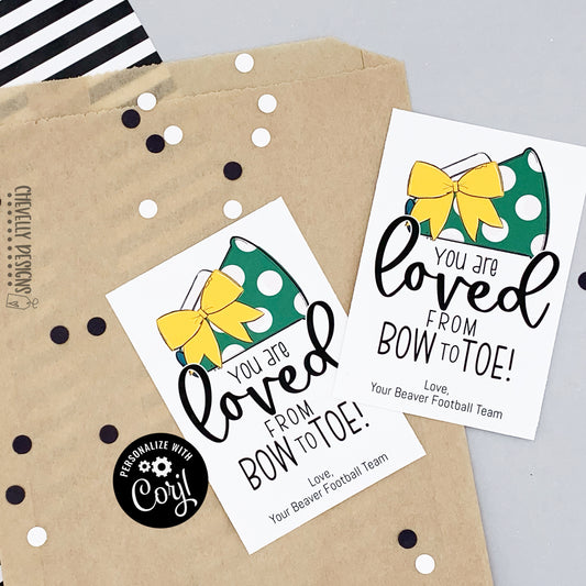 Editable - Gift Tags for Cheerleaders - Yellow Gold and Green Cheer Bow Megaphone - Printable Digital File