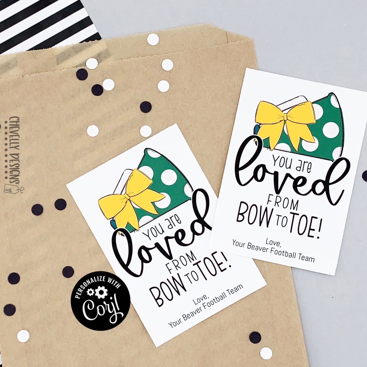 Editable - Gift Tags for Cheerleaders - Yellow Gold and Green Cheer Bow Megaphone - Printable Digital File