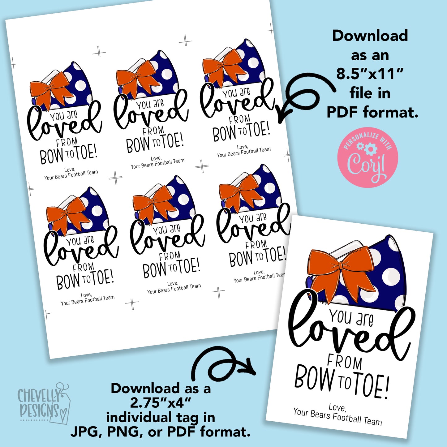 Editable - Gift Tags for Cheerleaders - Orange and Blue Cheer Bow Megaphone - Printable Digital File