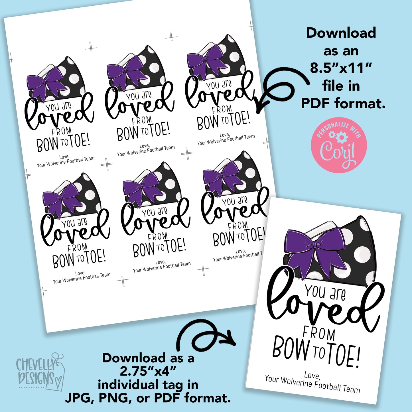 Editable - Gift Tags for Cheerleaders - Purple, White, Black Cheer Bow Megaphone - Printable Digital File