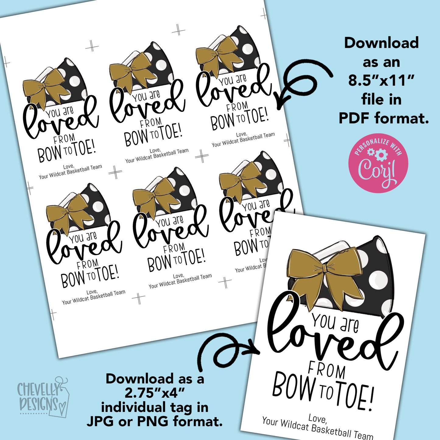 Editable - Gift Tags for Cheerleaders - Gold and Black Cheer Bow Megaphone - Printable Digital File
