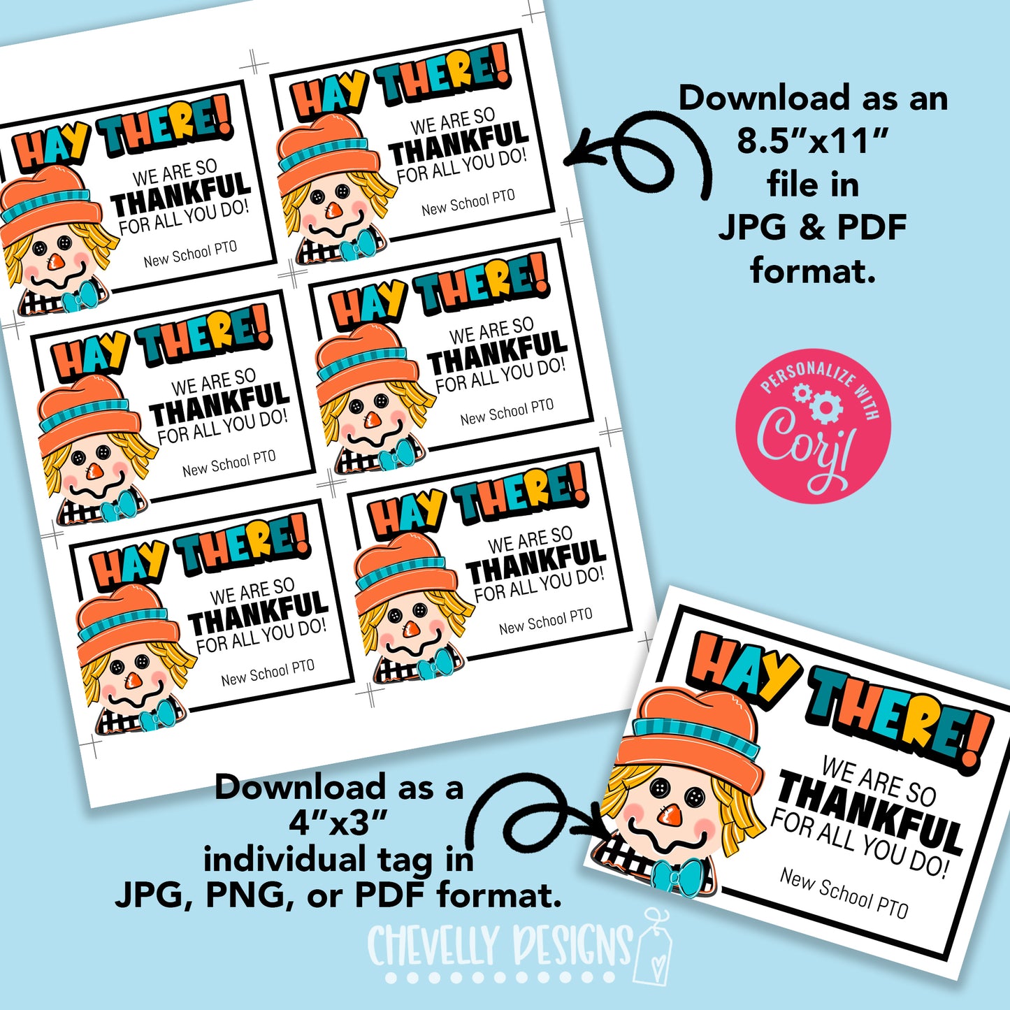 Editable Digital File - Personalized - Scarecrow Thankful for You Gift Tags - Printable