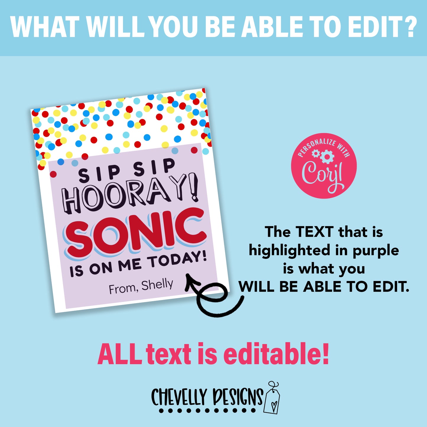 Editable - Sip Sip Hooray Sonic is on Me Today - Gift Tags - Printable Digital File