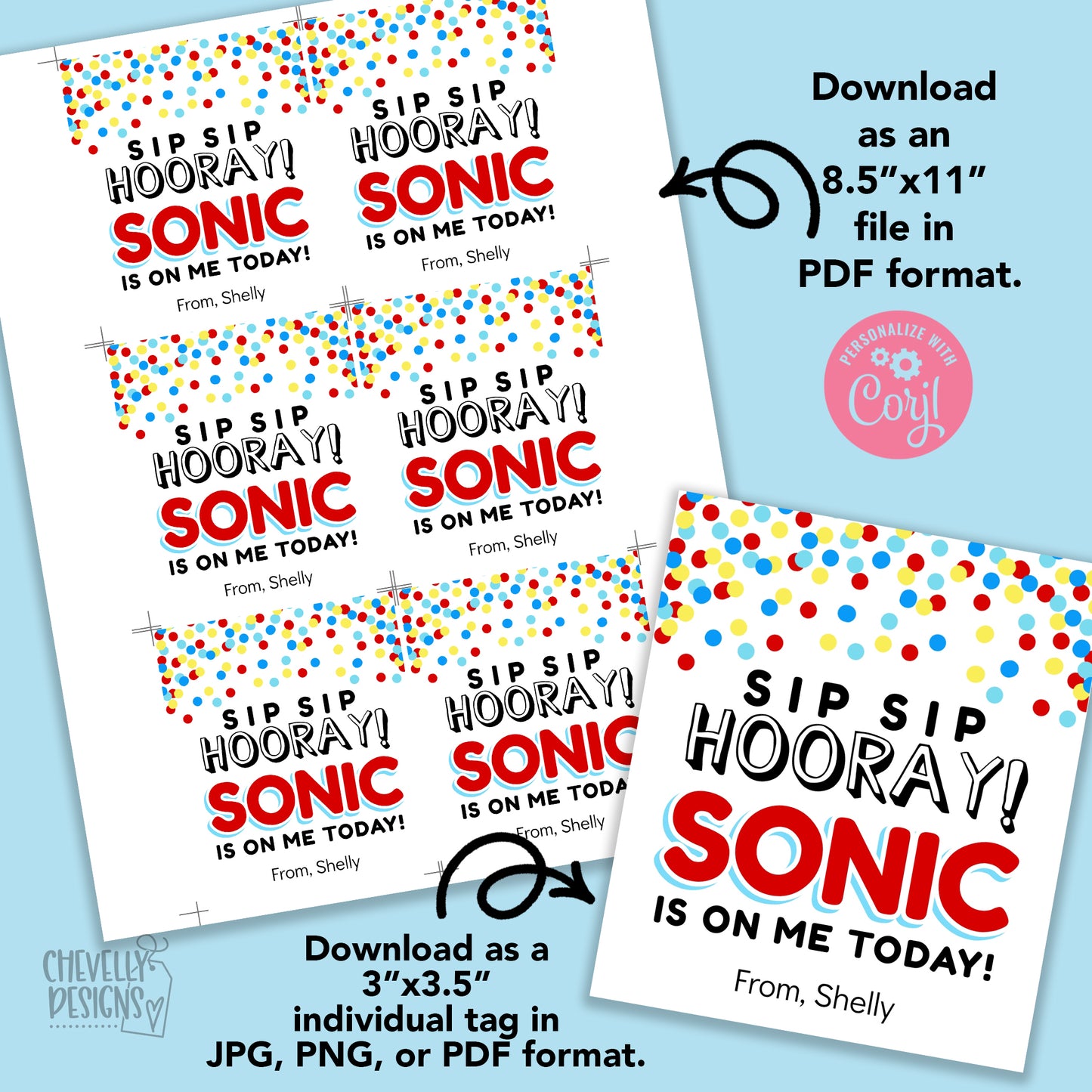 Editable - Sip Sip Hooray Sonic is on Me Today - Gift Tags - Printable Digital File