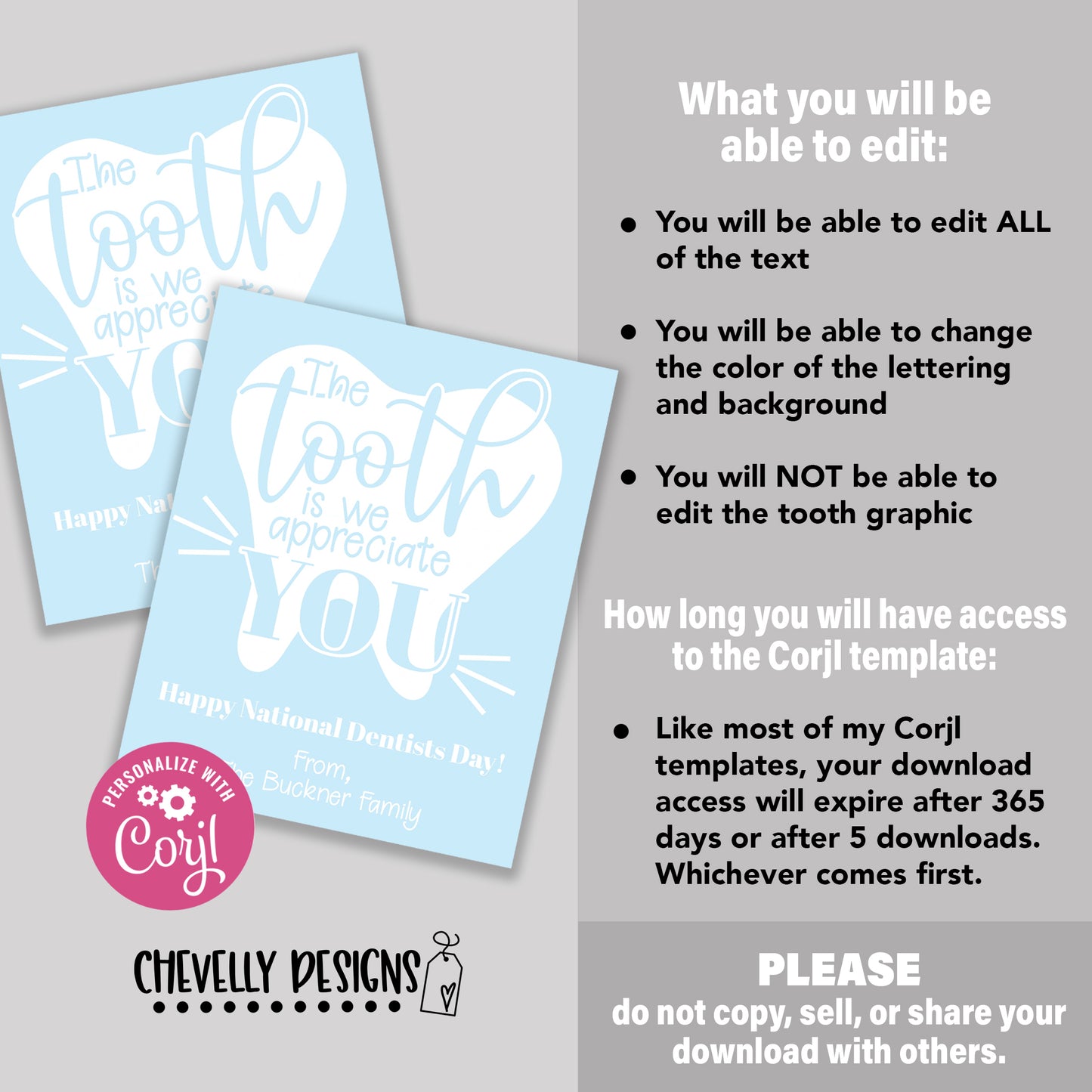 Editable - Dental Appreciation Gift Tags - The Tooth is - Dentist - Printable Digital File