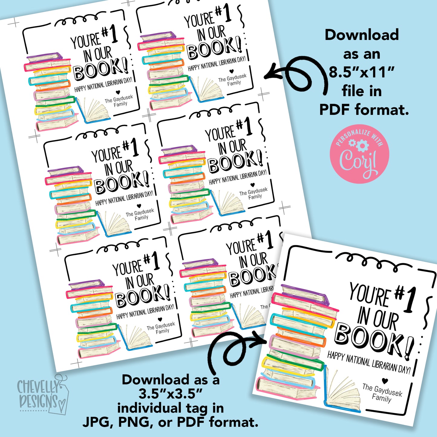 Editable -  You're Number 1 in our Book - Librarian Appreciation Gift Tags - Printable Digital File