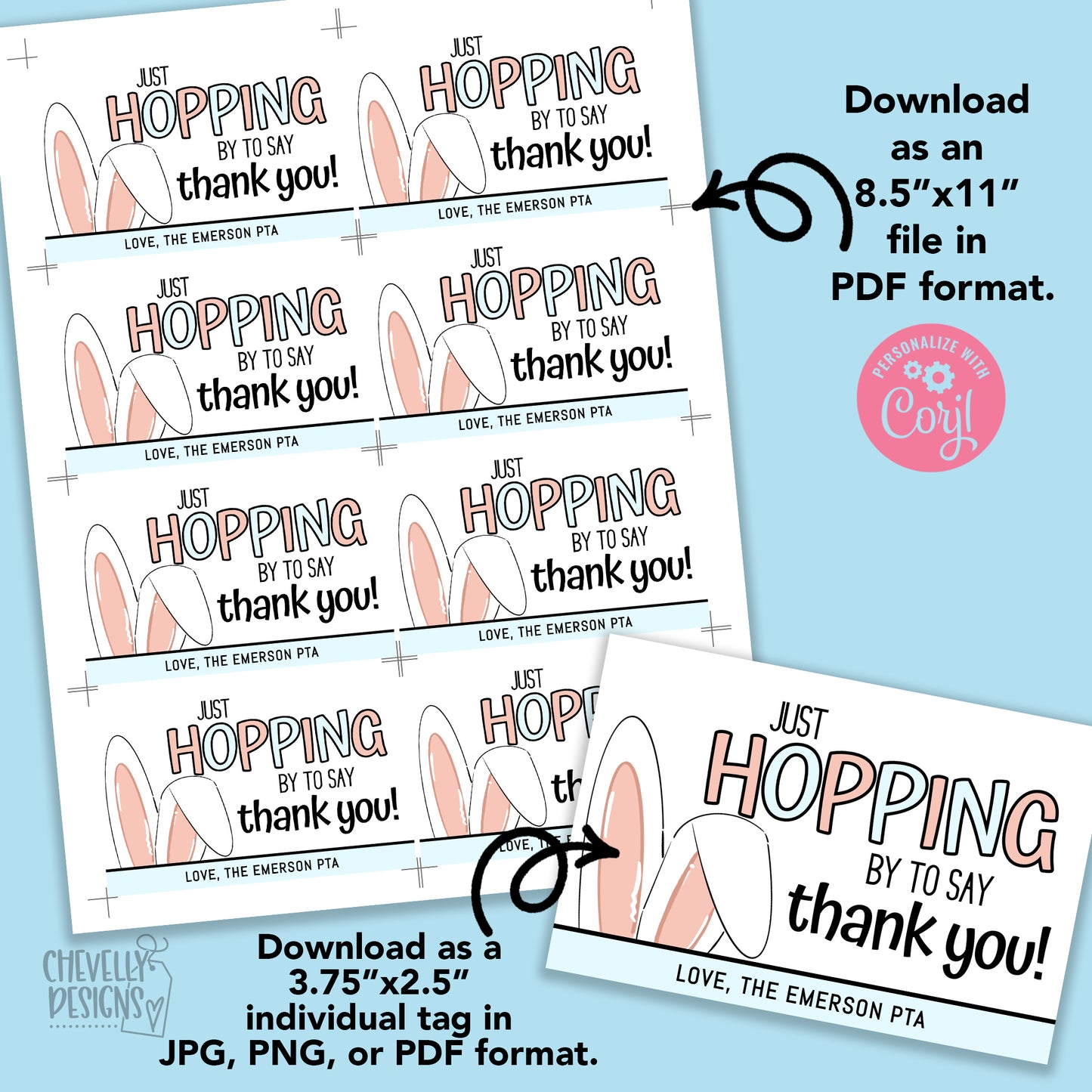 Editable -  Just Hopping By To Say Thank You - Easter Bunny Appreciation Gift Tags - Printable Digital File