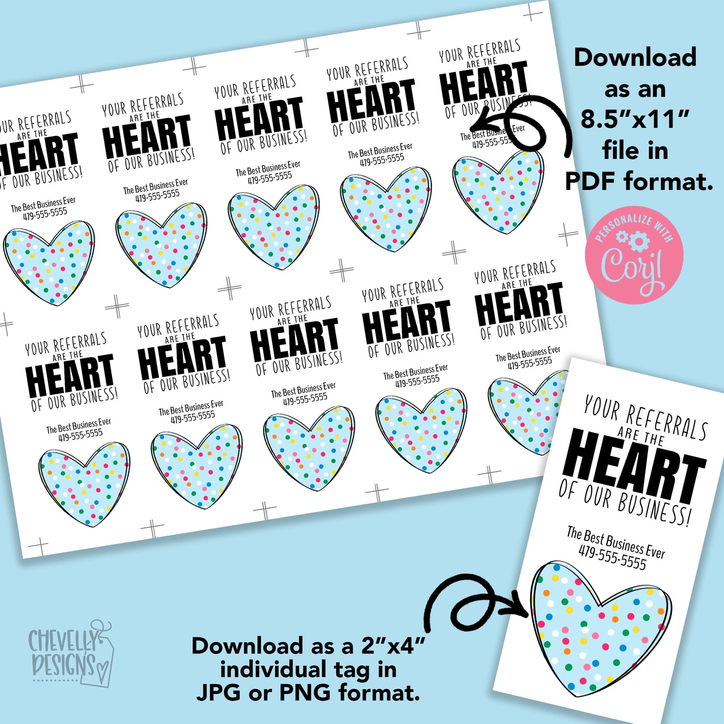 Editable - Polka Dot Heart of our Business Referral Gift Tags - Printable Digital File
