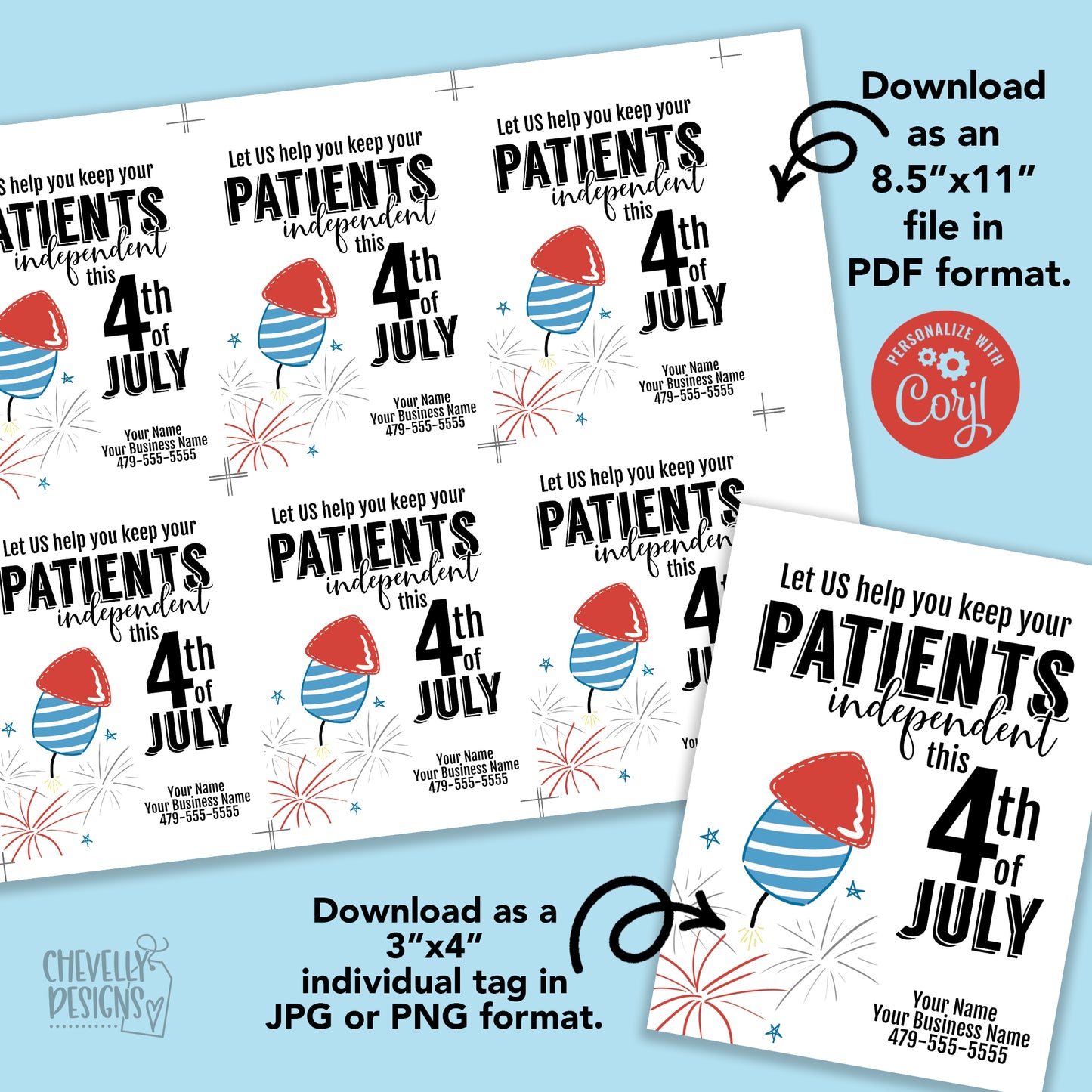 Editable - 4th of July Patient Care Tags - Business Referral Marketing - Printable Digital File