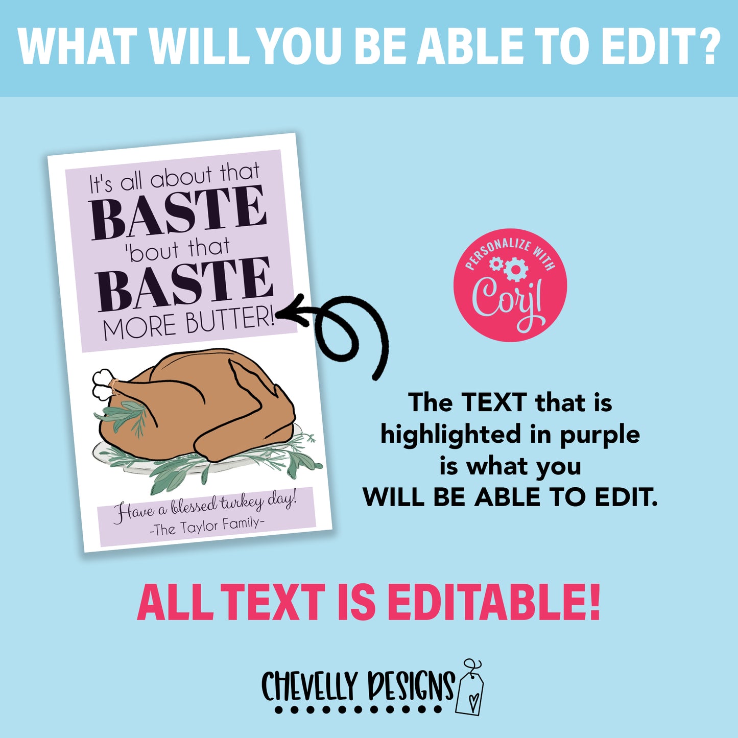 EDITABLE - All About That Baste More Butter - Turkey Gift Tags - Printable Digital File