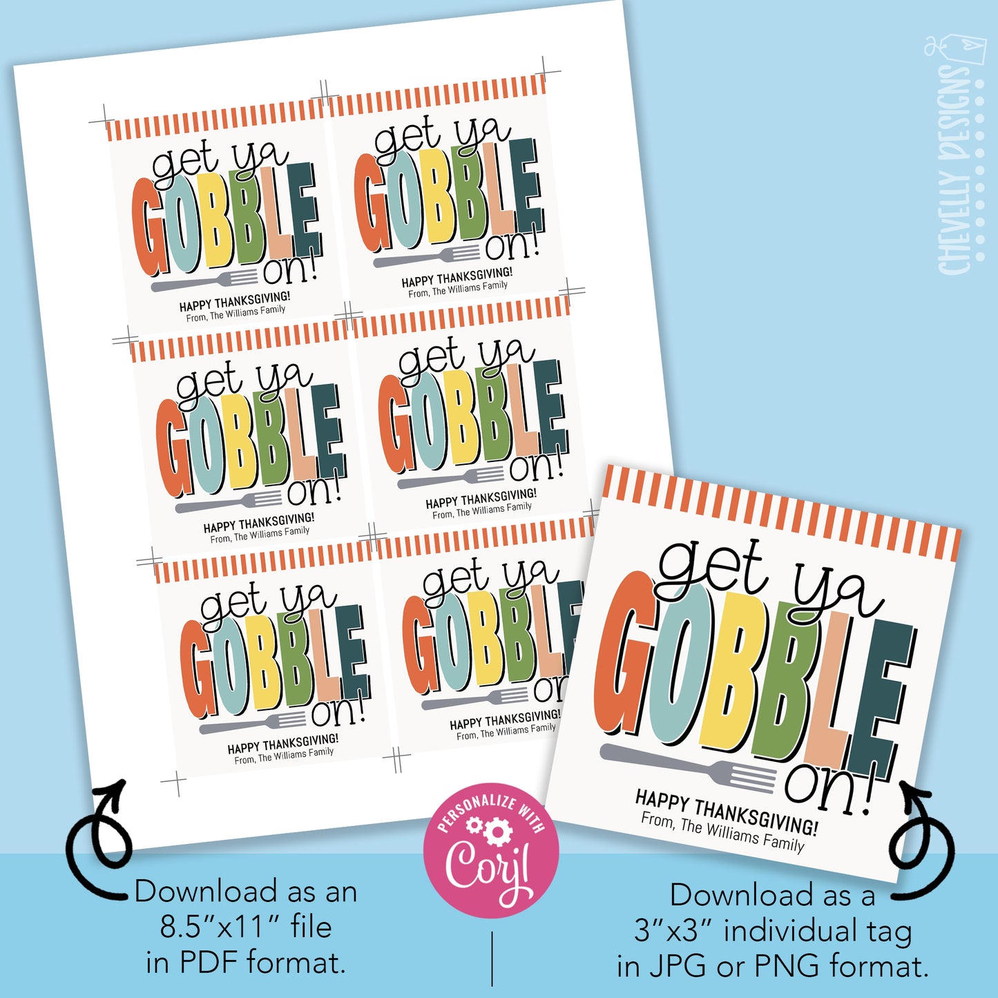 EDITABLE - Get Ya Gobble On - Thanksgiving Gift Tags - Printable Digital File