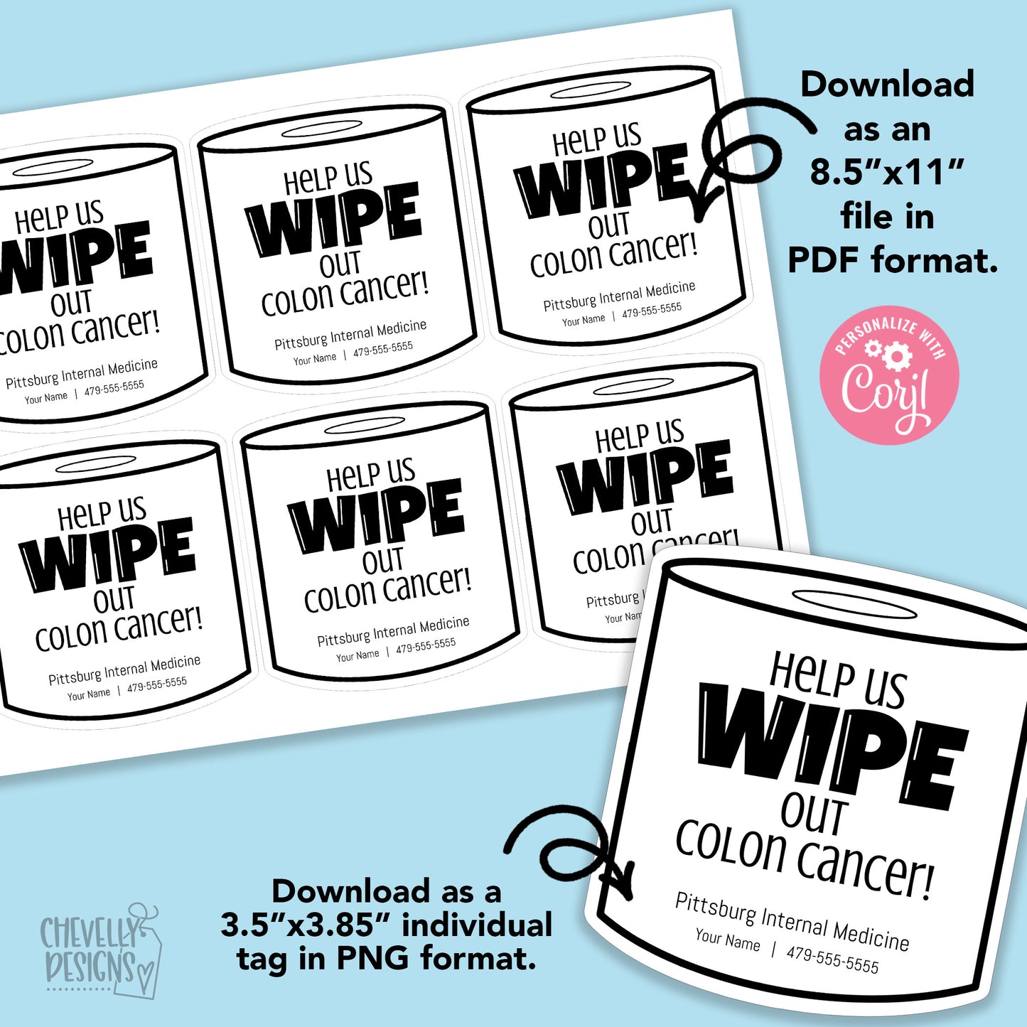 EDITABLE - Help Us Wipe Out Colon Cancer - Printable Business Referral Gift Tags - Digital File
