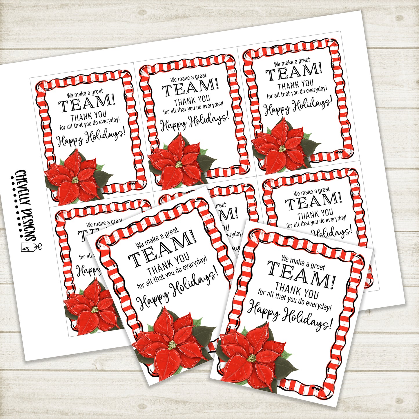 Printable Christmas Gift Tags - We make a Great Team with Poinsettia Frame >>>Instant Digital Download<<<