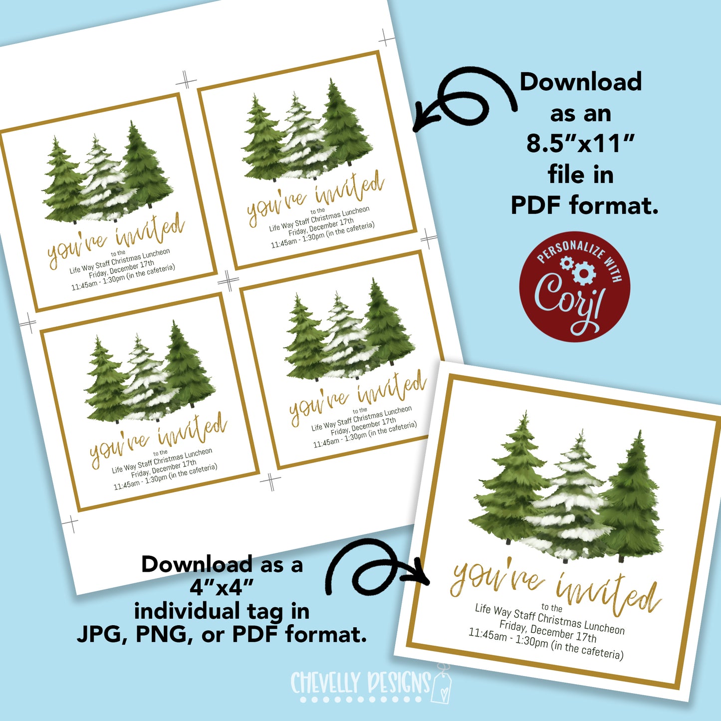 Editable - Watercolor Christmas Tree Mini Invitations - 4" - Printable Digital File