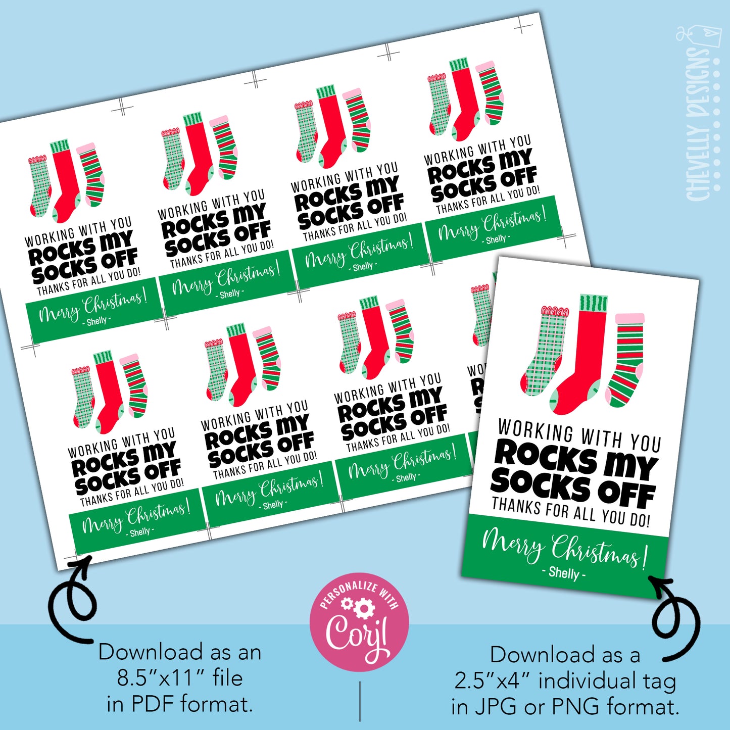 EDITABLE - Working With You Rocks My Socks Off - Christmas Holiday Gift Tags - Printable Digital File