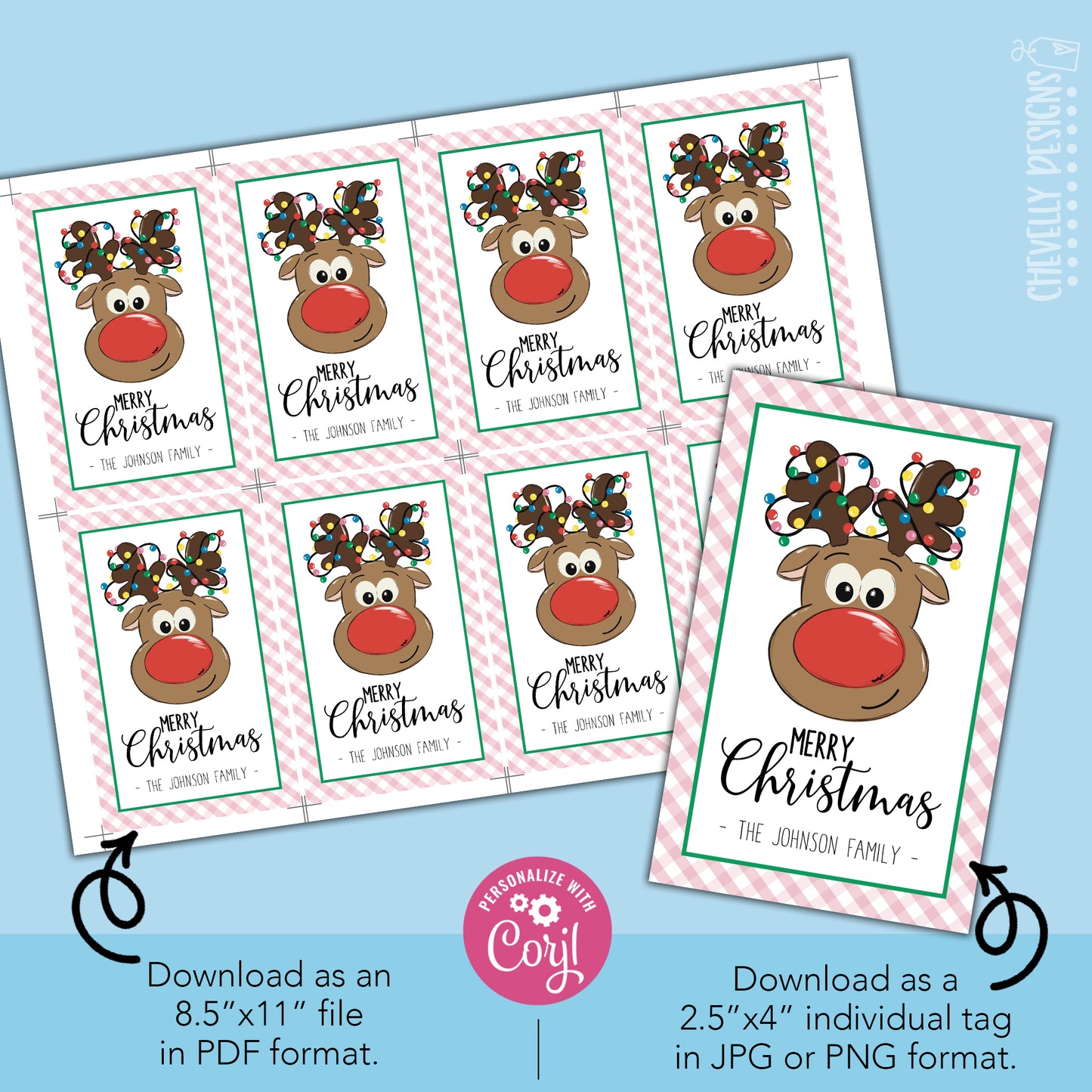 EDITABLE - Christmas Reindeer Gift Tags - Rudolph - Printable Digital File