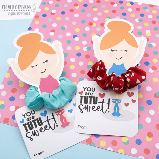 Printable Ballet Scrunchie Cards - Dancing With You is Tutu Fun - Red Haired Ballerina