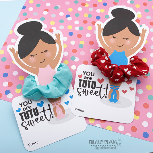 Printable Ballet Scrunchie Cards - Dancing With You is Tutu Fun - Brown Skin Ballerina