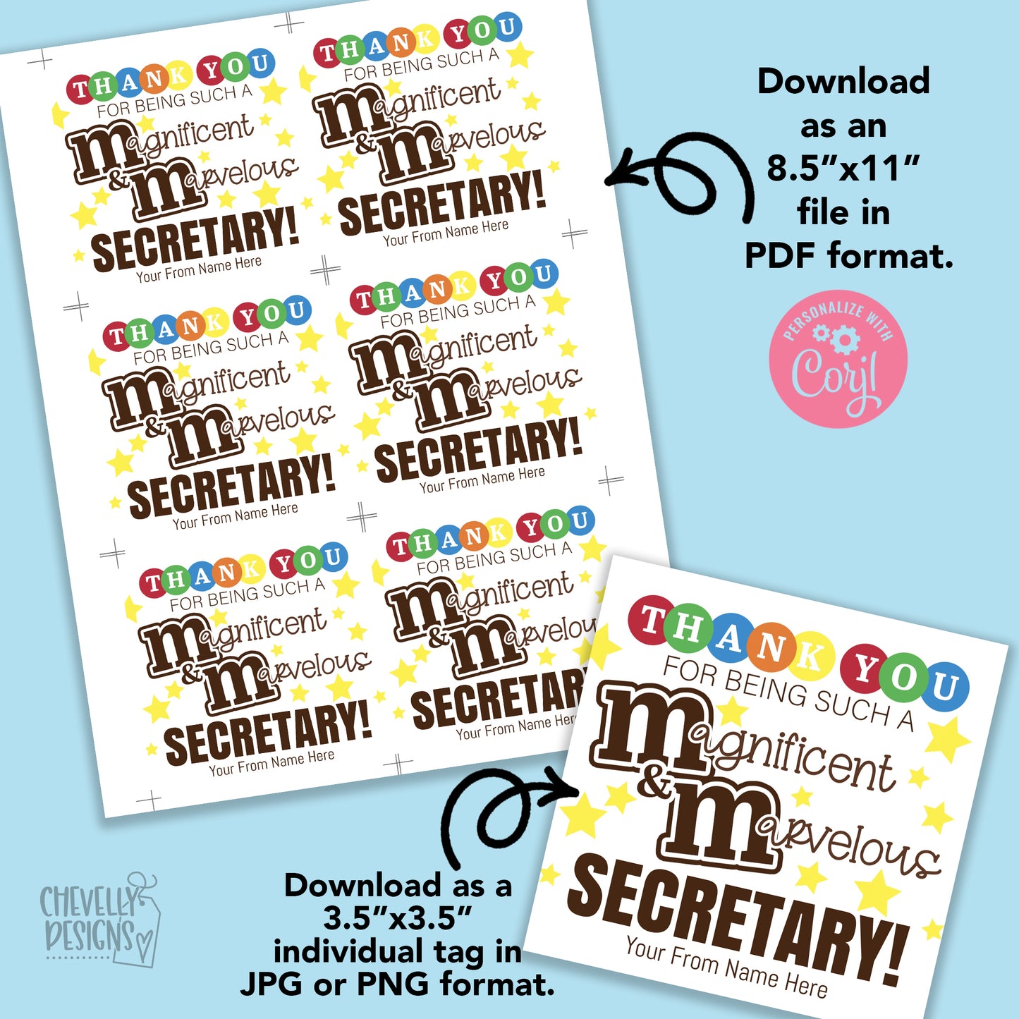 Editable - Secretary Appreciation - Magnificent and Marvelous Gift Tags for Chocolate Candies - Printable Digital File