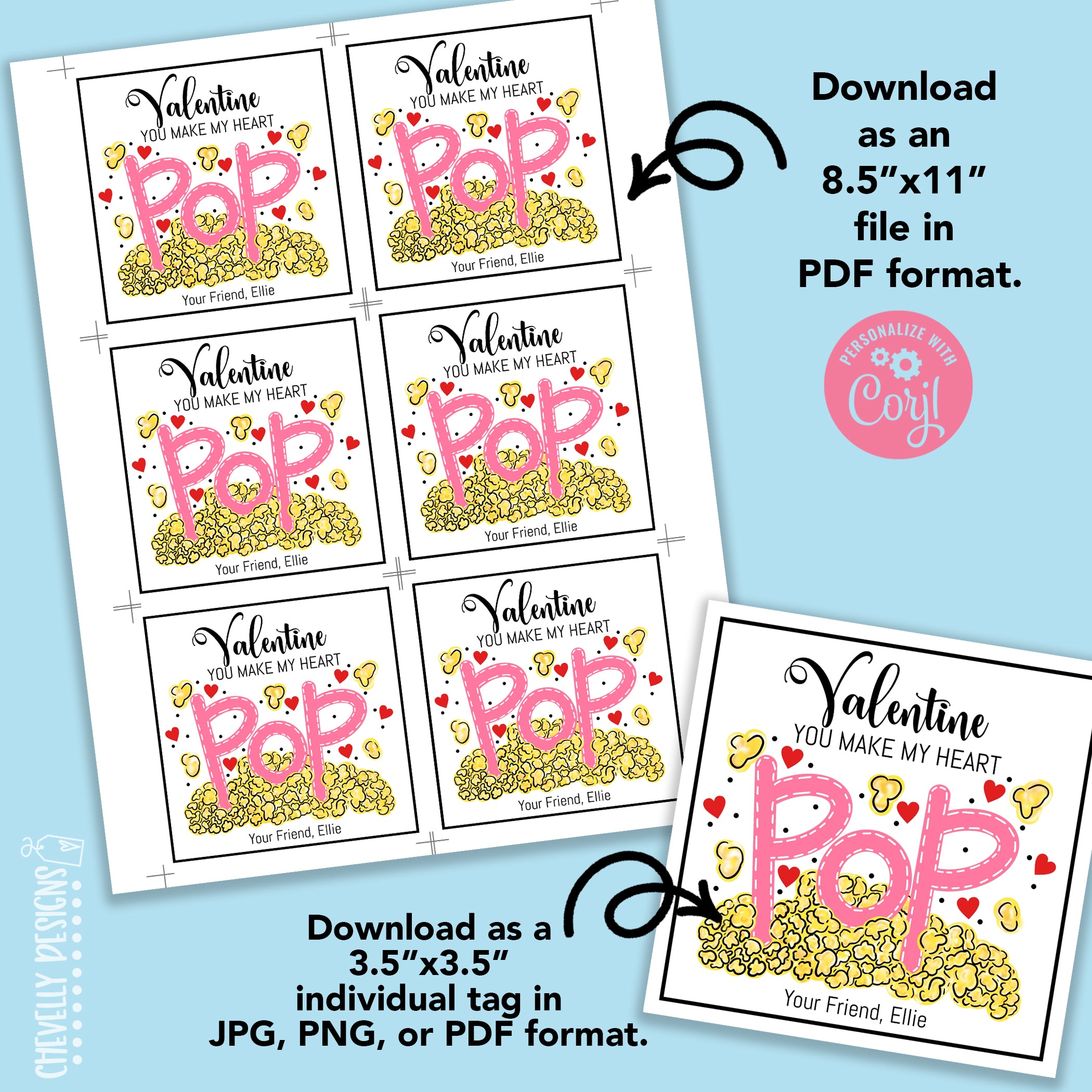 Editable - Valentine You Make My Heart Pop - Gift Tags for popcorn - P ...