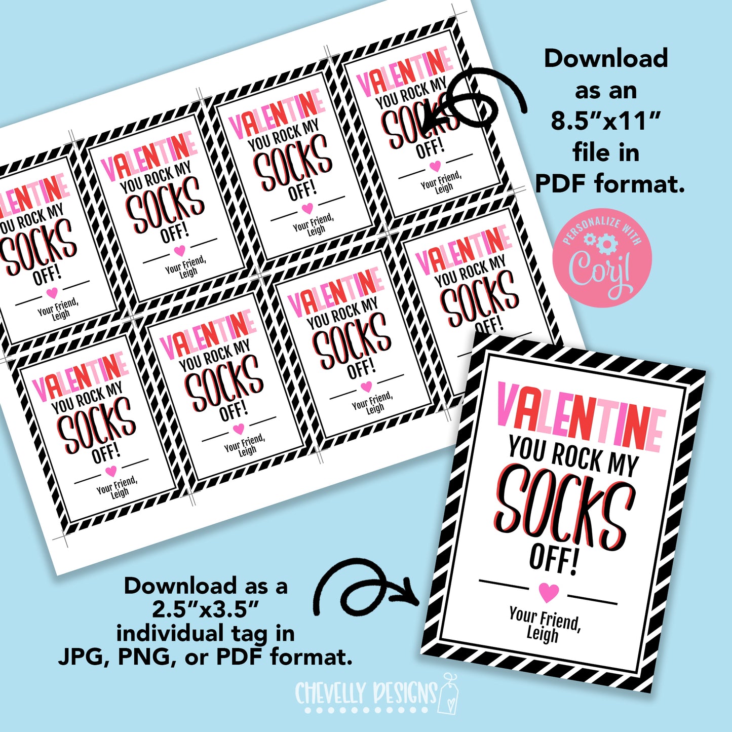 Editable - You Rock My Socks Off - Valentine Gift Tags - Printable Digital File