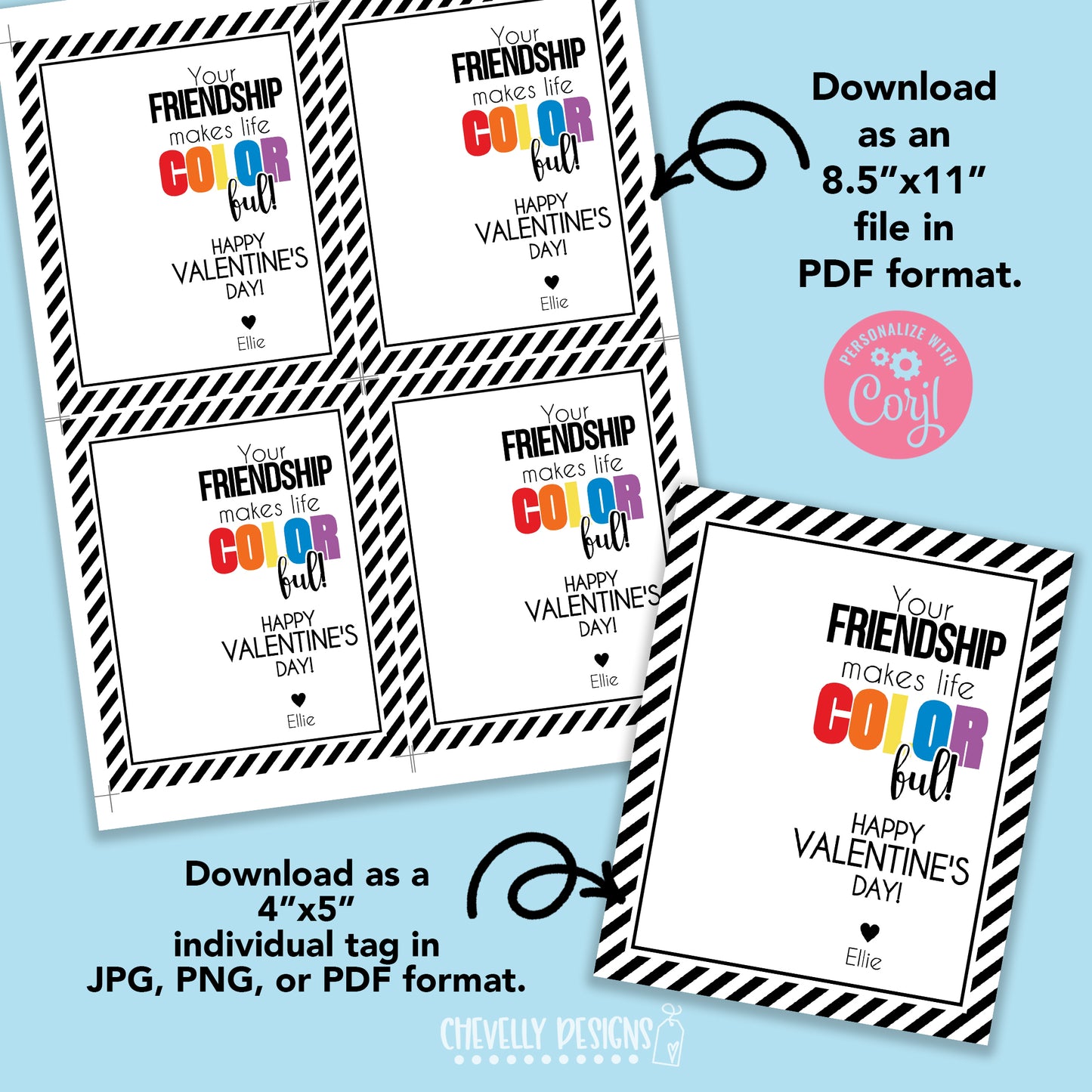 Editable - Your Friendship Make Life Colorful - Valentine Cards - Printable Digital File